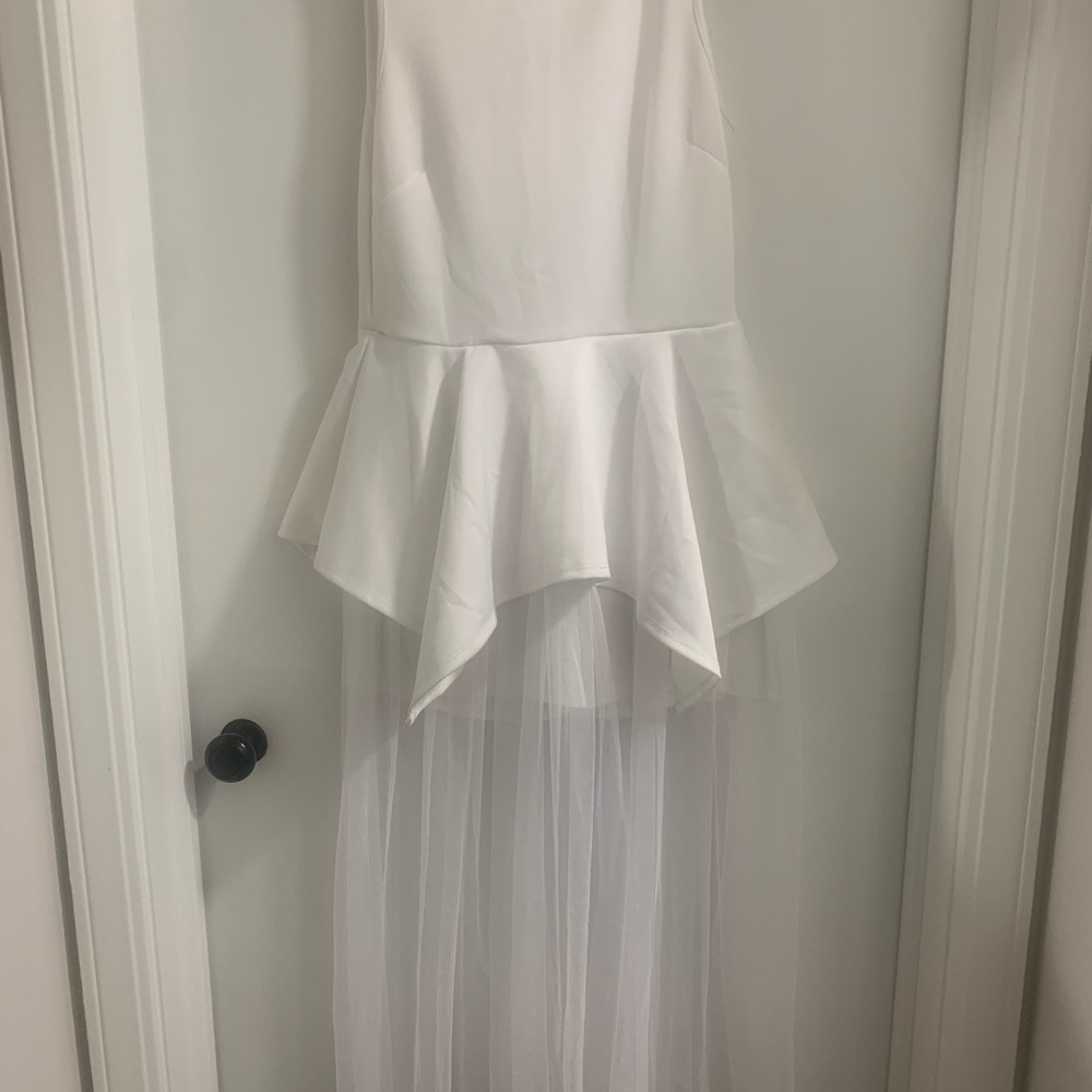 Elegant White Peplum Romper/Dress with Sheer Overlay